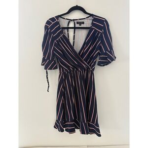 Trixxi Striped Mini Dress Sz Medium Navy Blue, Red, White Tie Sleeve V Neck Soft